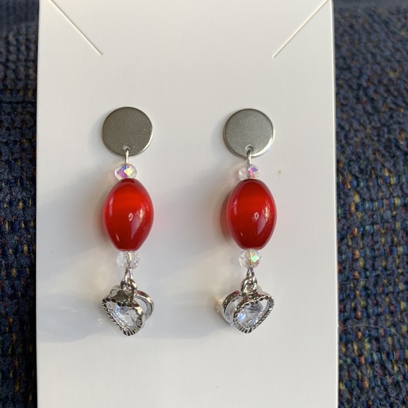 Handcrafted Red Bead Stud Post Drop Dangle Earrings W Heart of Cubic Zirconia - Picture 4 of 8